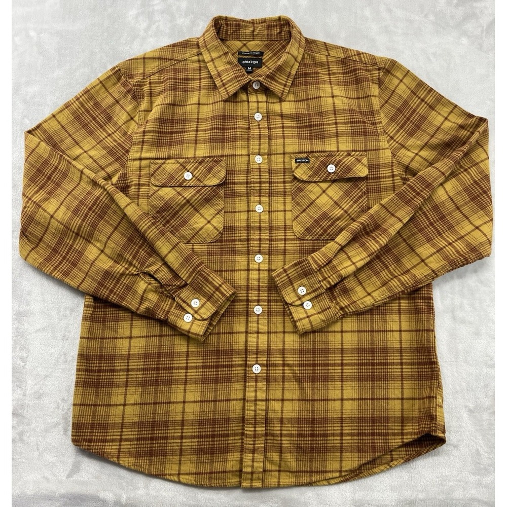 Brixton Bowery Flannel Shirt Men Medium Mustard Brown Plaid Standard Fit Outdoor